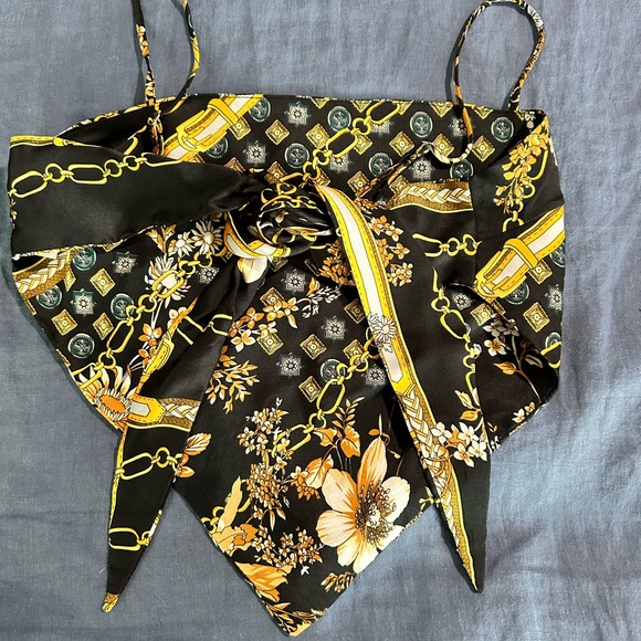 Princess Polly Floral Black Gold‎ Satin Scarf Top Cropped Tank Size 2 NWOT - Picture 6 of 9